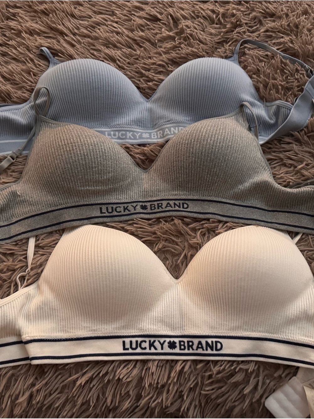 Lucky Brand Ribbed Seamless Bralette Set- Cream, Gray, Light Blue NWOT